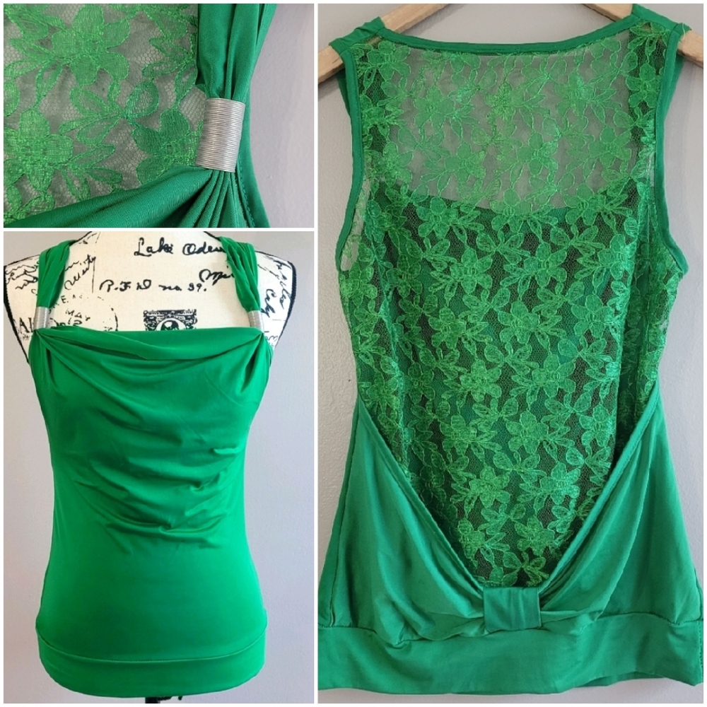 Vintage Lace Back Draped Satin Sleeveless Top